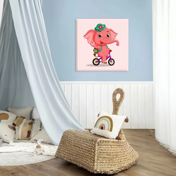 Pembe Fil Bisiklette Kanvas Tablo ürün görseli
