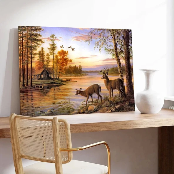 Orman İçinde Geyikler Kanvas Tablo - Resim 3
