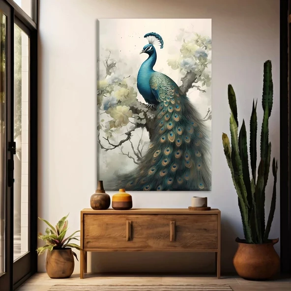 Çicek Dalı Tavus Kuşu Kanvas Tablo ürün görseli