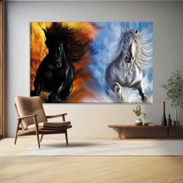 Siyah ve Beyaz Atlar Kanvas Tablo ürün görseli