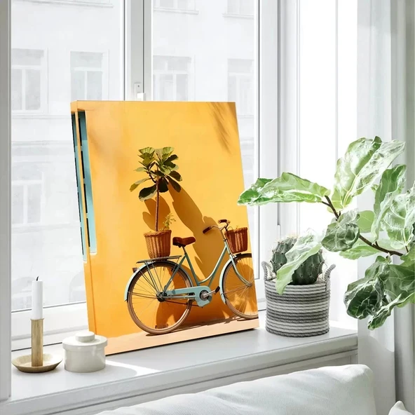 Sarı Arka Plan Bisiklet Dikey Kanvas Tablo ürün görseli