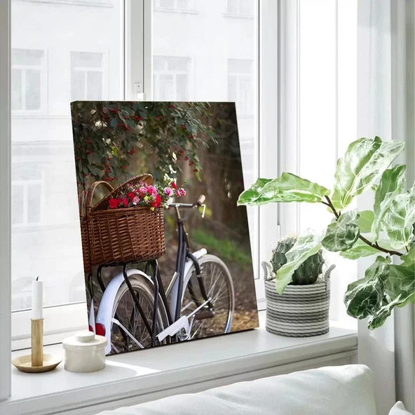 Çiçek Sepeti Bisiklet Dikey Kanvas Tablo ürün görseli
