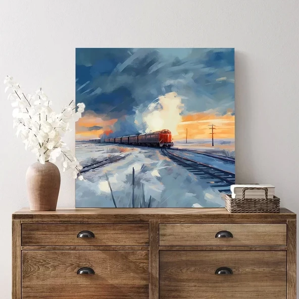 Kar Altında Tren Kare Kanvas Tablo ürün görseli