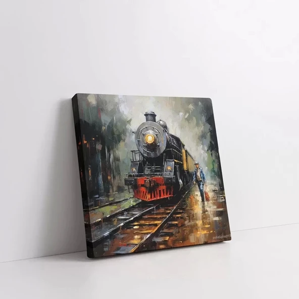Gece Buharlı Tren Kare Kanvas Tablo - Resim 2