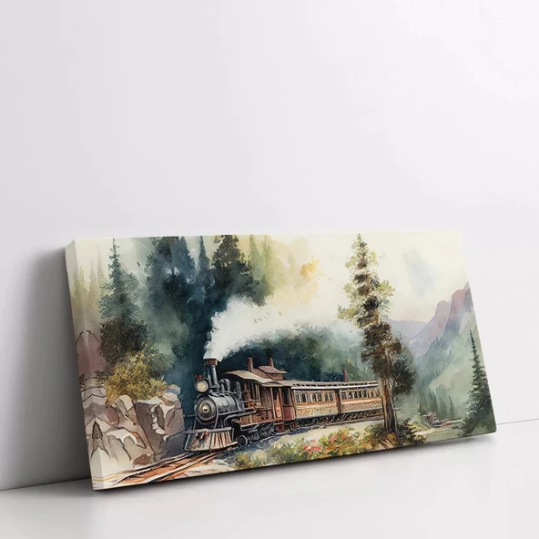 Buharlı Tren Ormanda Panoramik Yatay Kanvas Tablo ürün görseli