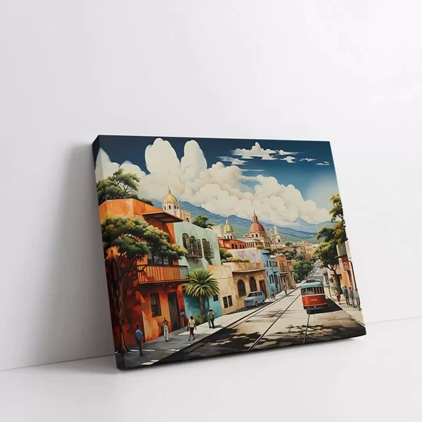 Renkli Sokak Manzarası Yatay Kanvas Tablo - Resim 2