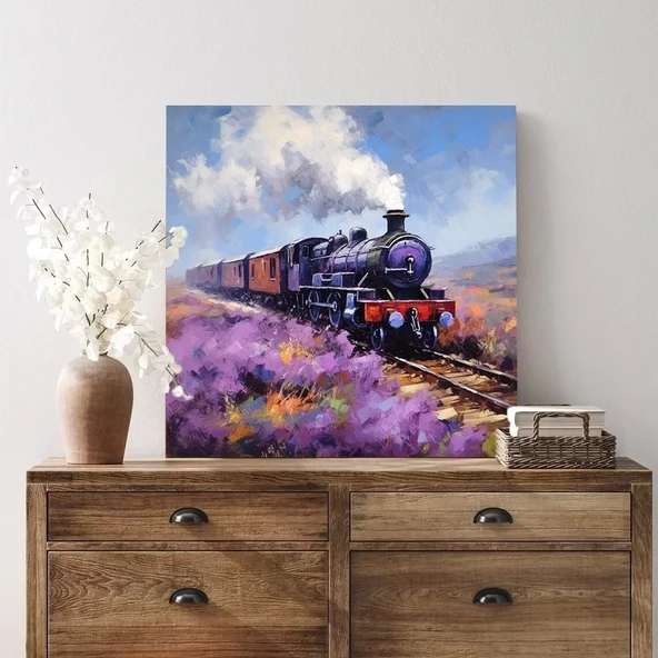 Mor Çiçekler ve Tren Kare Kanvas Tablo ürün görseli