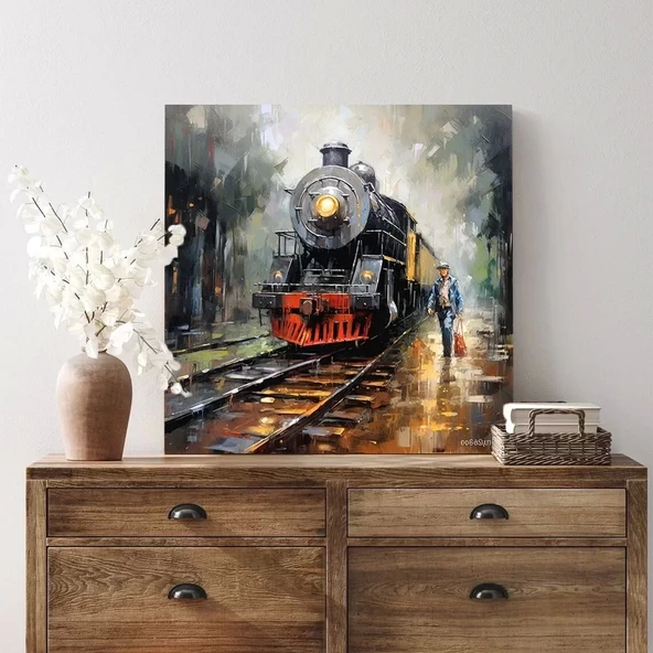 Gece Buharlı Tren Kare Kanvas Tablo ürün görseli