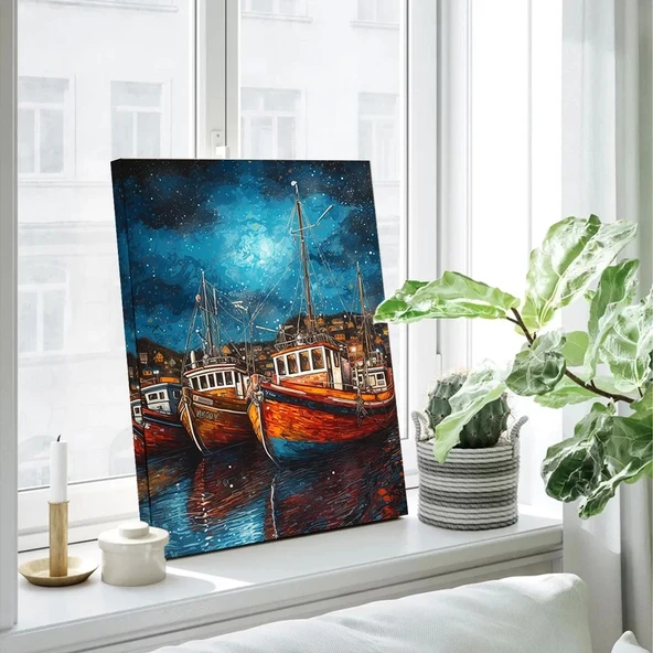 Gece Tekne Dikey Kanvas Tablo ürün görseli