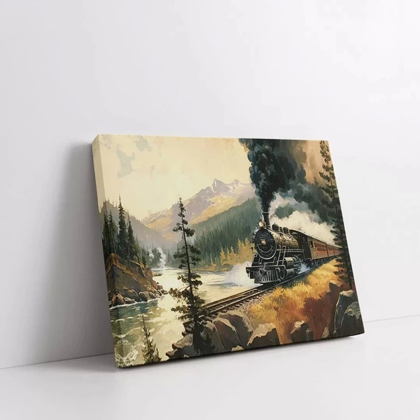 Nehir Kıyısında Buharlı Tren Yatay Kanvas Tablo - Resim 2