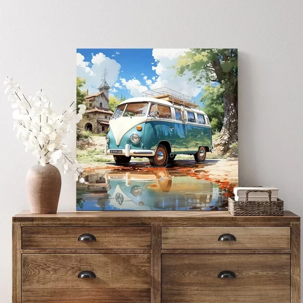 Yeşil Otobüs Kare Kanvas Tablo ürün görseli