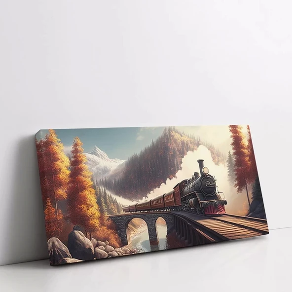 Sonbahar Treni Köprü Panoramik Yatay Kanvas Tablo - Resim 2
