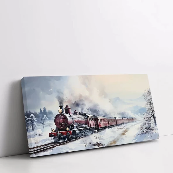 Karlı Buharlı Tren Panoramik Yatay Kanvas Tablo - Resim 2