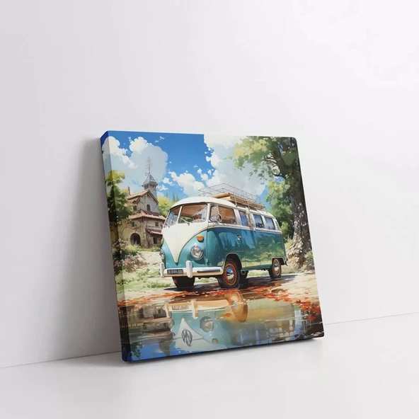 Yeşil Otobüs Kare Kanvas Tablo - Resim 2