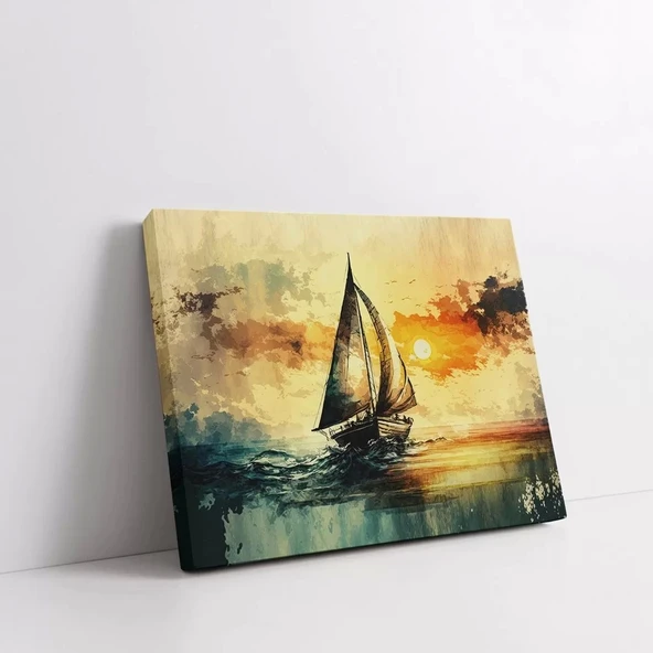 Gün Batımında Yelkenli Yatay Kanvas Tablo - Resim 2