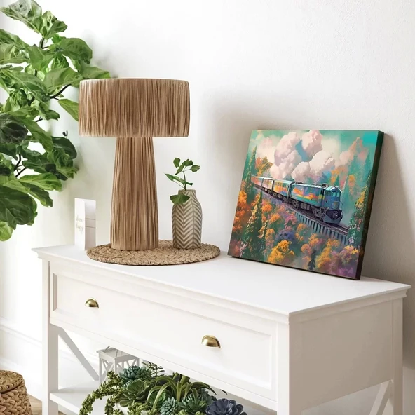 Pembe Çiçekler ve Tren Panoramik Yatay Kanvas Tablo ürün görseli