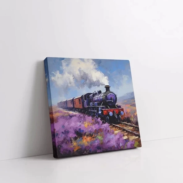 Mor Çiçekler ve Tren Kare Kanvas Tablo - Resim 2