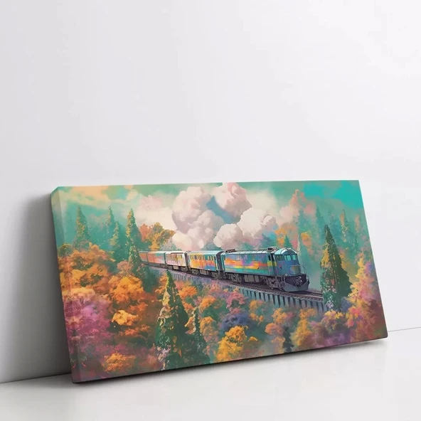 Pembe Çiçekler ve Tren Panoramik Yatay Kanvas Tablo - Resim 2