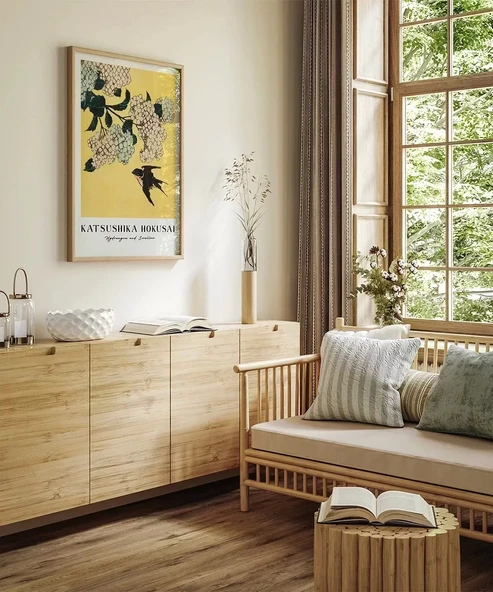 Çerçevesiz Poster Hokusai Ortanca ve Kırlangıç - Resim 4