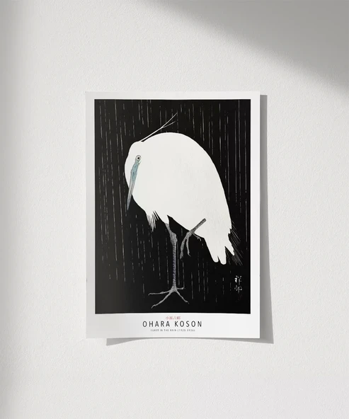 Çerçevesiz Poster Ohara Koson Yağmurda Ak Balıkçıl ürün görseli