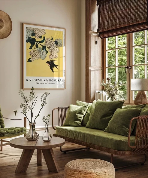 Çerçevesiz Poster Hokusai Ortanca ve Kırlangıç - Resim 5