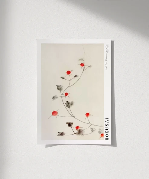 Çerçevesiz Poster Hokusai Asma Üzerinde Küçük Kırmızı Çiçekler ürün görseli