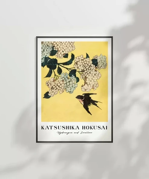 Çerçevesiz Poster Hokusai Ortanca ve Kırlangıç - Resim 3