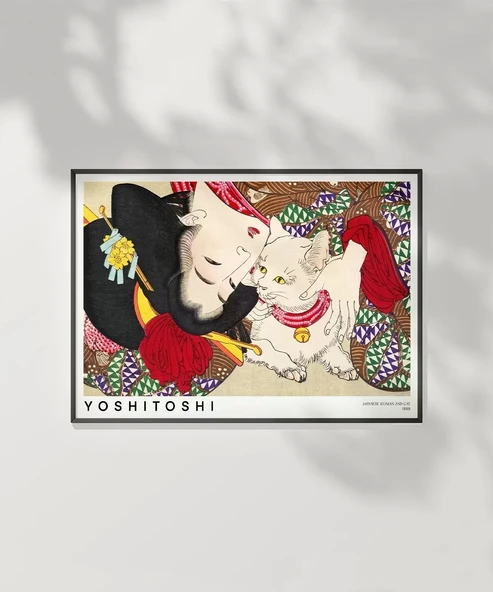 Çerçevesiz Poster Yoshitoshi Japon Kadın ve Kedi - Resim 2