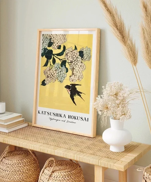 Çerçevesiz Poster Hokusai Ortanca ve Kırlangıç - Resim 6