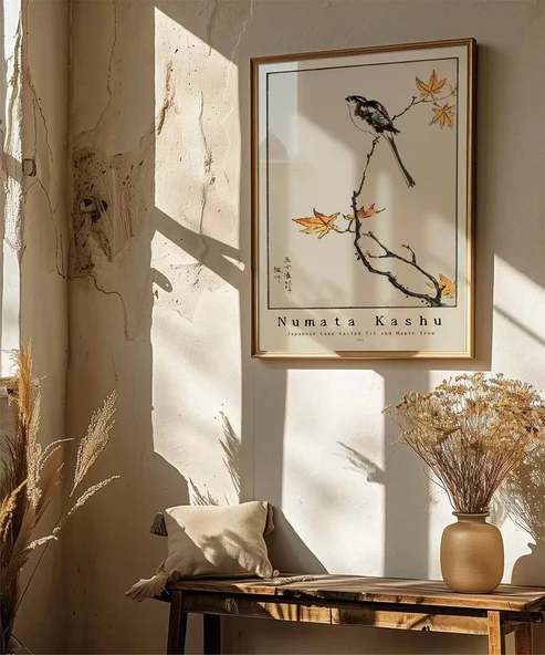 Çerçevesiz Poster Numata Kashu Japon Uzun Kuyruklu Baştankara ve Akçaağaç - Resim 4