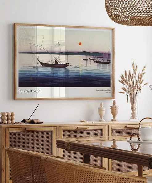 Çerçevesiz Poster Ohara Koson Tekneler ve Batan Güneş - Resim 6