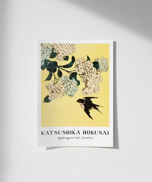 Çerçevesiz Poster Hokusai Ortanca ve Kırlangıç ürün görseli