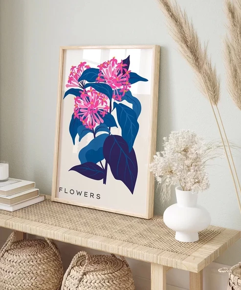 Çerçevesiz Poster Mavi Yaprak Pembe Çiçek - Resim 6