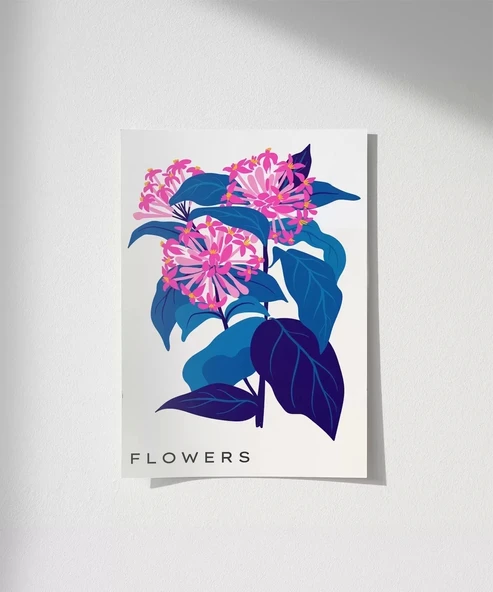 Çerçevesiz Poster Mavi Yaprak Pembe Çiçek ürün görseli