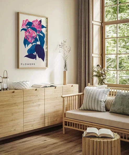 Çerçevesiz Poster Mavi Yaprak Pembe Çiçek - Resim 4