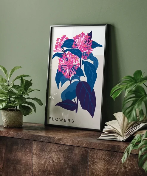 Çerçevesiz Poster Mavi Yaprak Pembe Çiçek - Resim 5