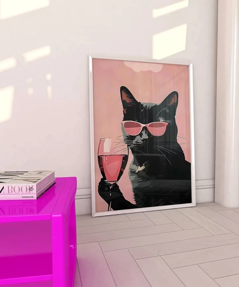 Çerçevesiz Poster Pembe Kadeh Siyah Kedi - Resim 3