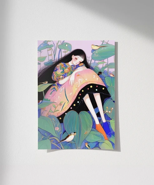 Çerçevesiz Poster Bitkiler ve Kuşlarla Süslenmiş ürün görseli