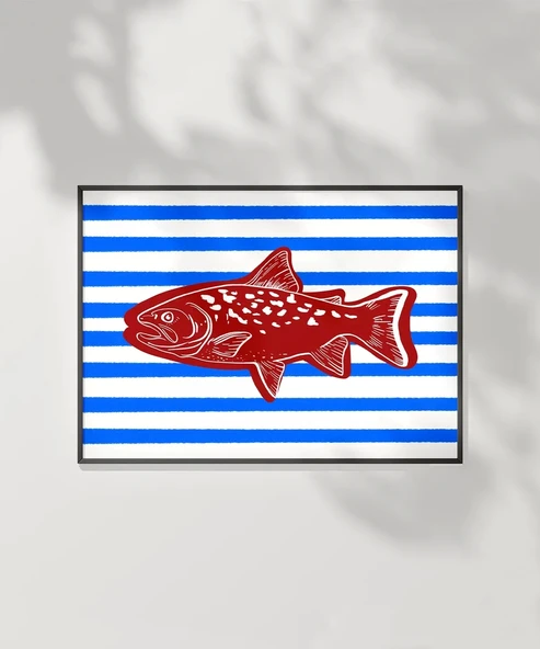Çerçevesiz Poster Kırmızı Balık Mavi Çizgiler - Resim 7