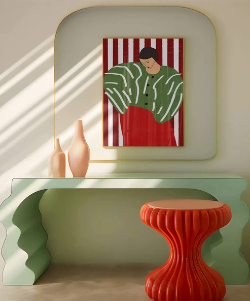 Çerçevesiz Poster Kırmızı Çizgilerde Yeşil Kadın - Resim 4