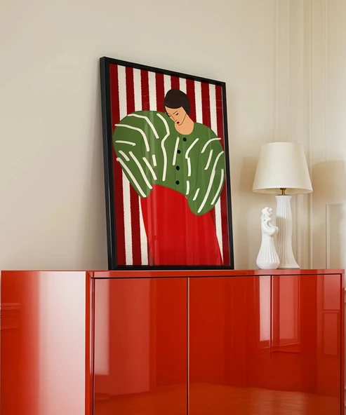 Çerçevesiz Poster Kırmızı Çizgilerde Yeşil Kadın - Resim 3