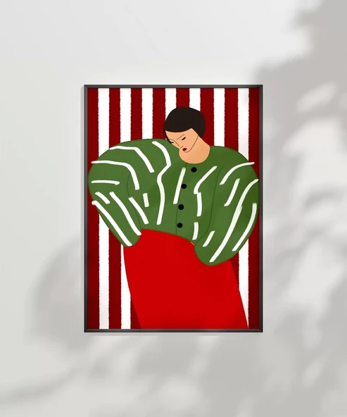 Çerçevesiz Poster Kırmızı Çizgilerde Yeşil Kadın - Resim 6