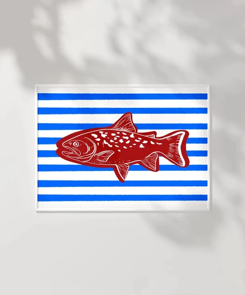 Çerçevesiz Poster Kırmızı Balık Mavi Çizgiler - Resim 2