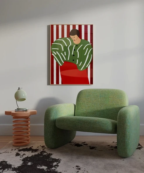 Çerçevesiz Poster Kırmızı Çizgilerde Yeşil Kadın - Resim 5