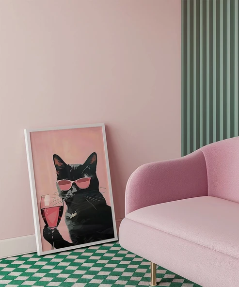 Çerçevesiz Poster Pembe Kadeh Siyah Kedi - Resim 4