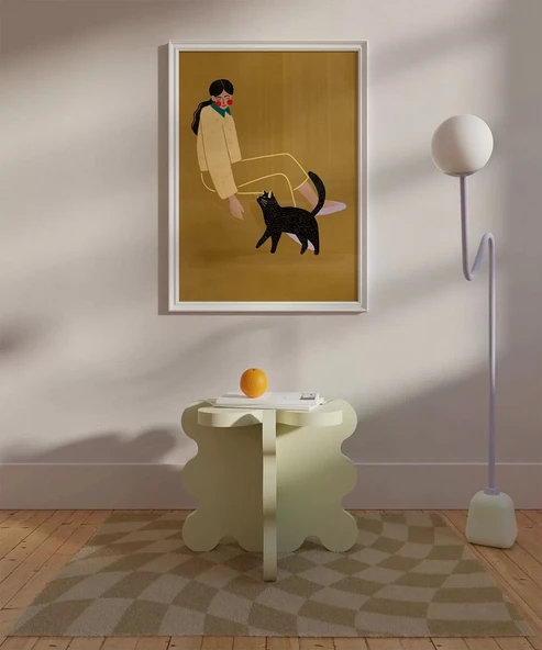 Çerçevesiz Poster Kedi ve Kadın İllüstrasyon - Resim 2