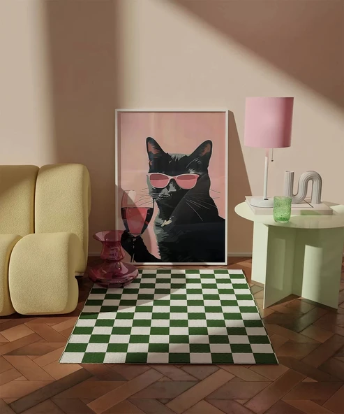 Çerçevesiz Poster Pembe Kadeh Siyah Kedi - Resim 5