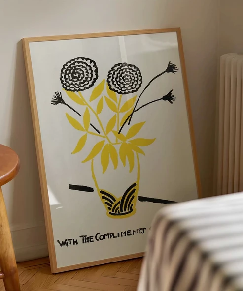 Çerçevesiz Poster El Çizimi Vazo ve Çiçek Motifli Grafik - Resim 5