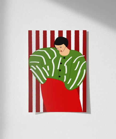 Çerçevesiz Poster Kırmızı Çizgilerde Yeşil Kadın ürün görseli