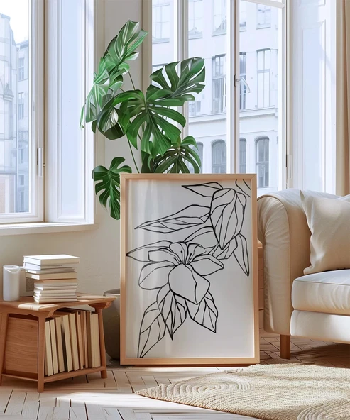 Çerçevesiz Poster El Çizimi Çiçek ve Yaprak Motifli Minimalist - Resim 5